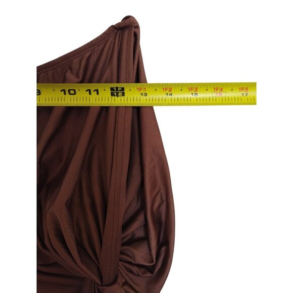 Brown Asymmetrical Midi Dress with Ruched Detail, One Shoulder, Size XL - Picture 8 of 9